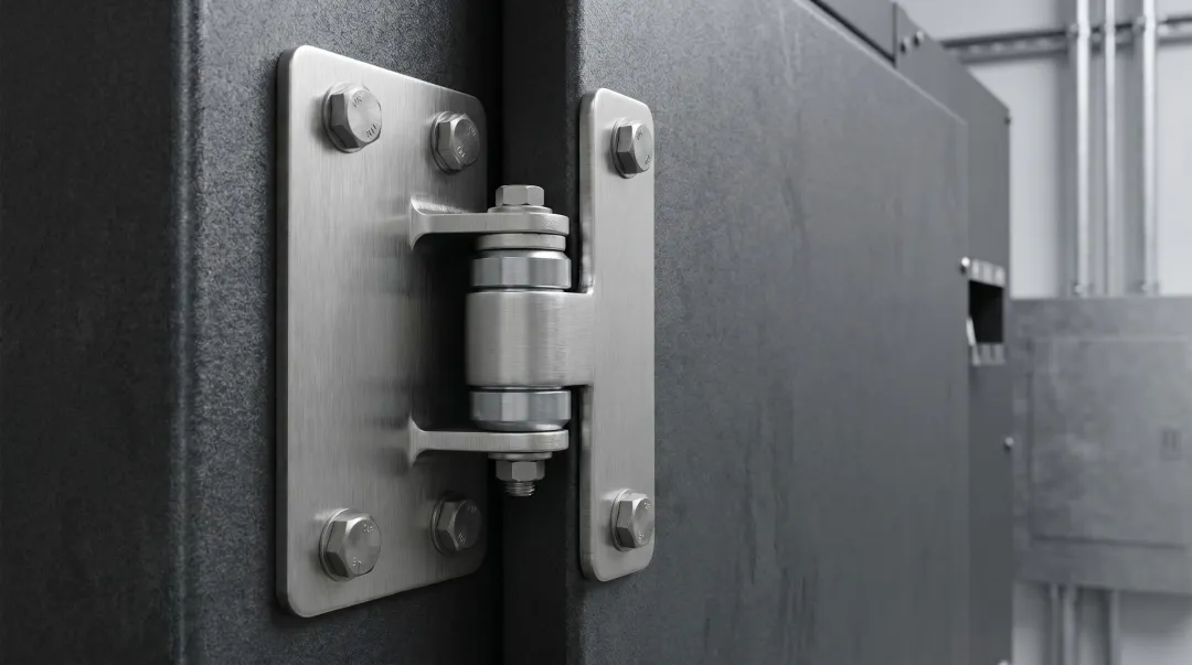 Heavy-duty ball bearing butt hinge installed on industrial metal enclosure panel