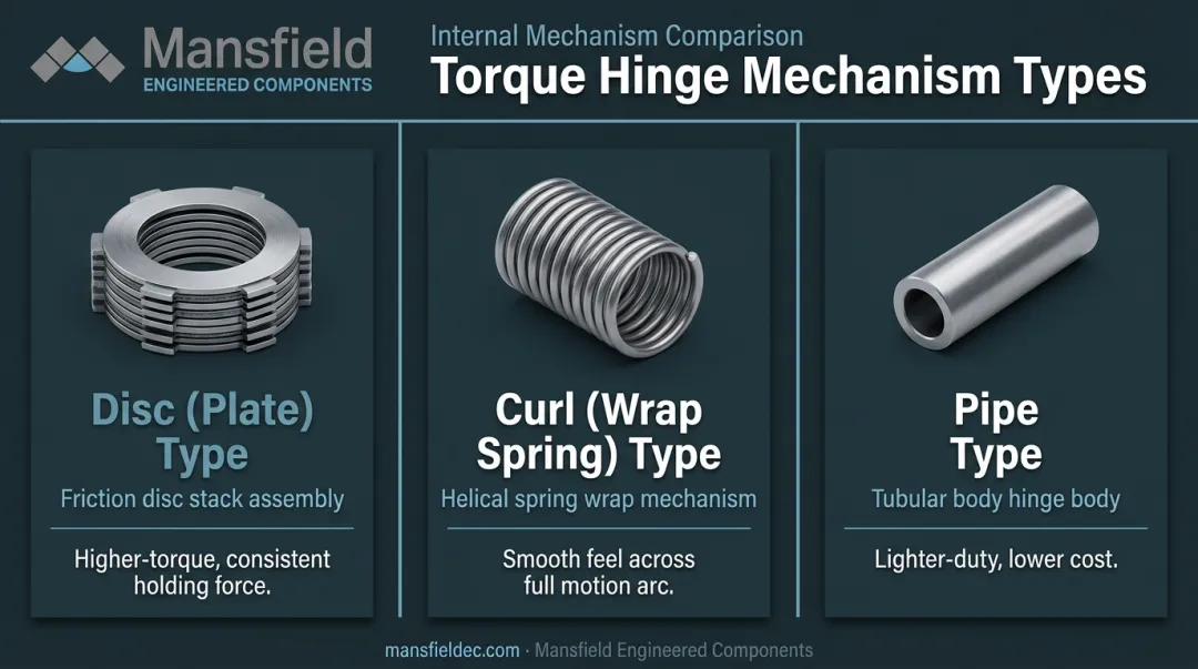 Three internal friction hinge mechanisms disc curl and pipe type comparison