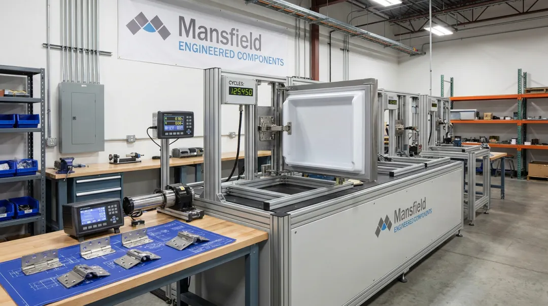Mansfield Engineered Components friction hinge cycle-life testing and torque validation equipment