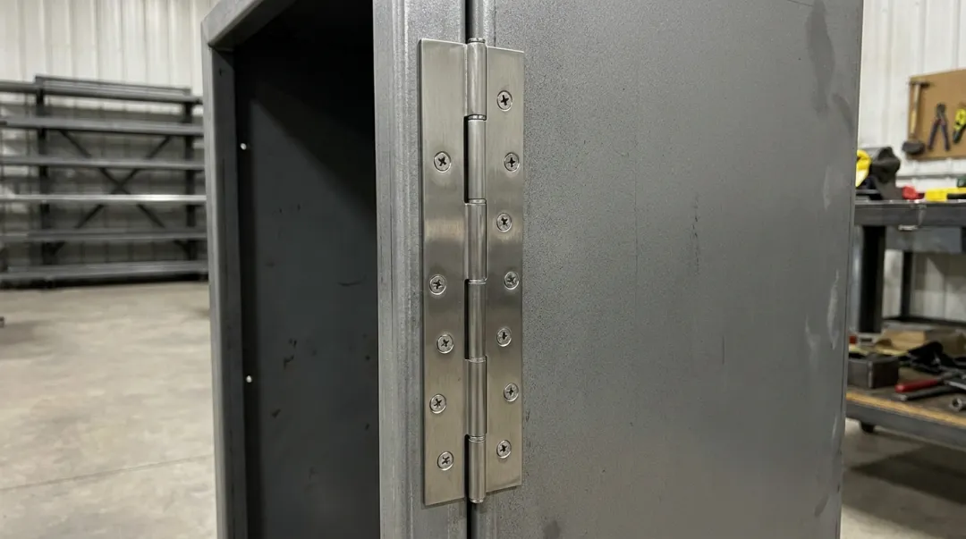 Pin-and-barrel continuous hinge installed on commercial cabinet door panel
