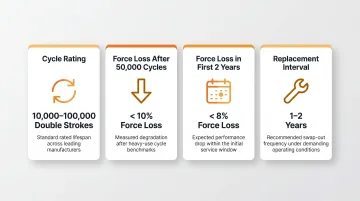 Gas strut cycle life and force loss performance data comparison infographic