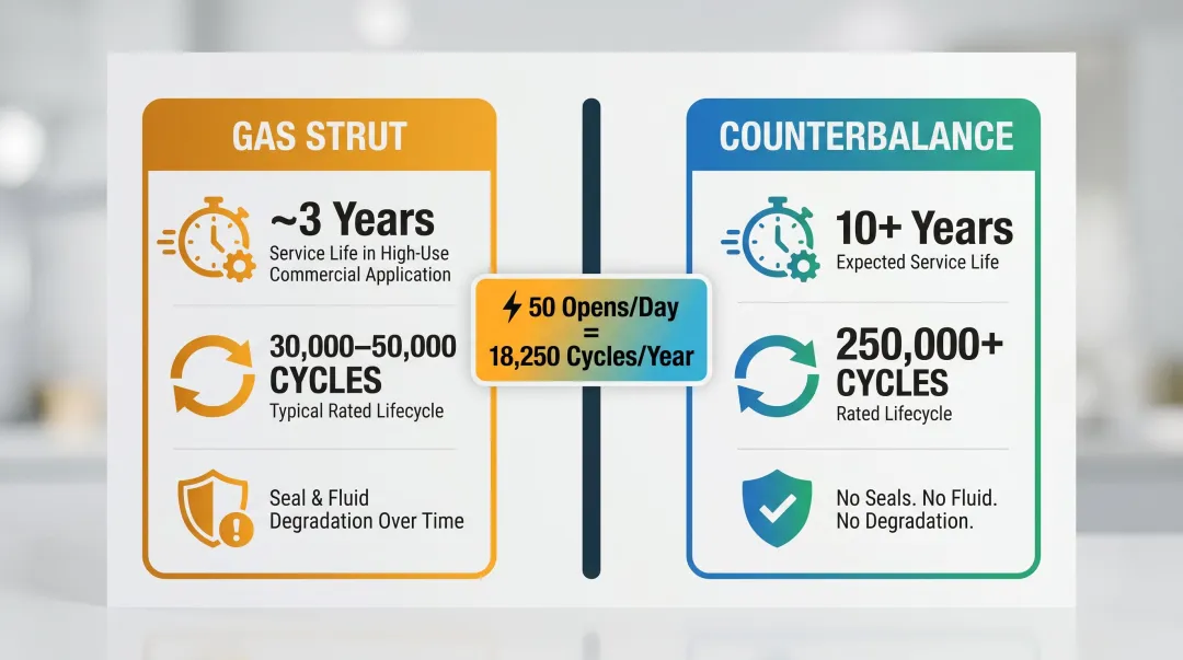 Gas strut versus counterbalance cycle life durability side-by-side comparison chart