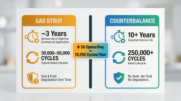 Gas strut versus counterbalance cycle life durability side-by-side comparison chart