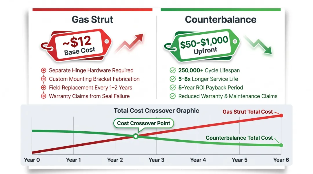 Total cost of ownership comparison gas strut versus counterbalance mechanism over five years