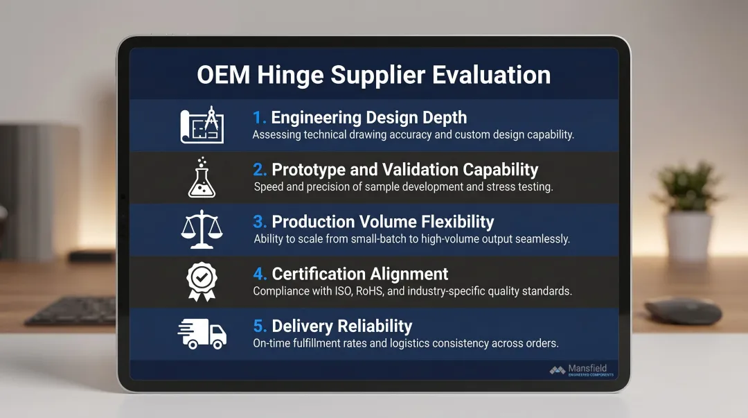 Five-dimension OEM hinge supplier evaluation framework criteria selection process