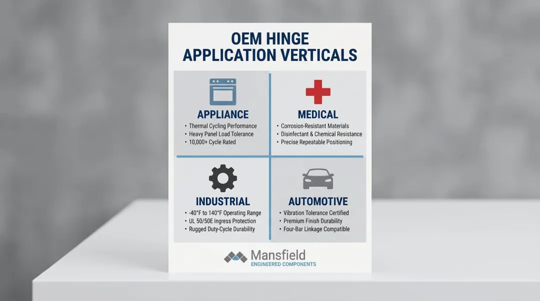 Four OEM hinge verticals performance requirements comparison appliance medical industrial automotive