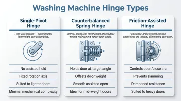 Three washing machine door hinge types comparison single-pivot counterbalanced friction-assisted
