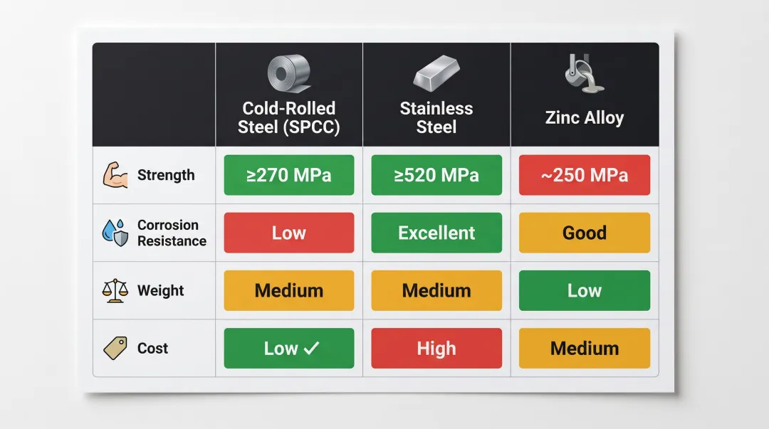 Appliance hinge material comparison cold-rolled steel stainless steel zinc alloy properties chart