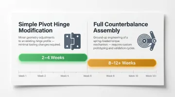 Custom hinge development timeline comparison simple pivot modification versus full counterbalance assembly