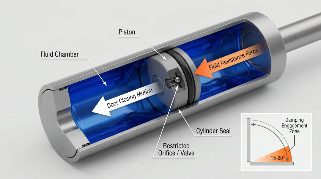 Hydraulic soft-close damper mechanism cross-section showing piston fluid orifice and resistance