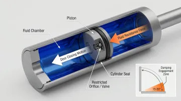 Hydraulic soft-close damper mechanism cross-section showing piston fluid orifice and resistance