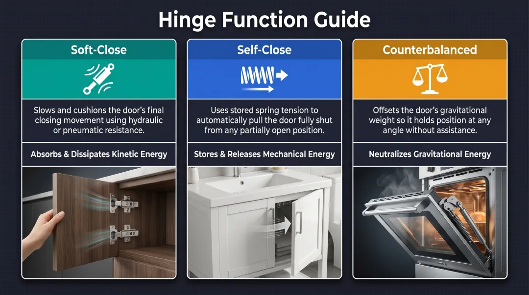 Soft-close versus self-close versus counterbalanced hinge function comparison infographic