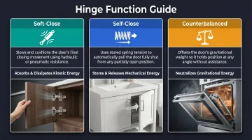 Soft-close versus self-close versus counterbalanced hinge function comparison infographic