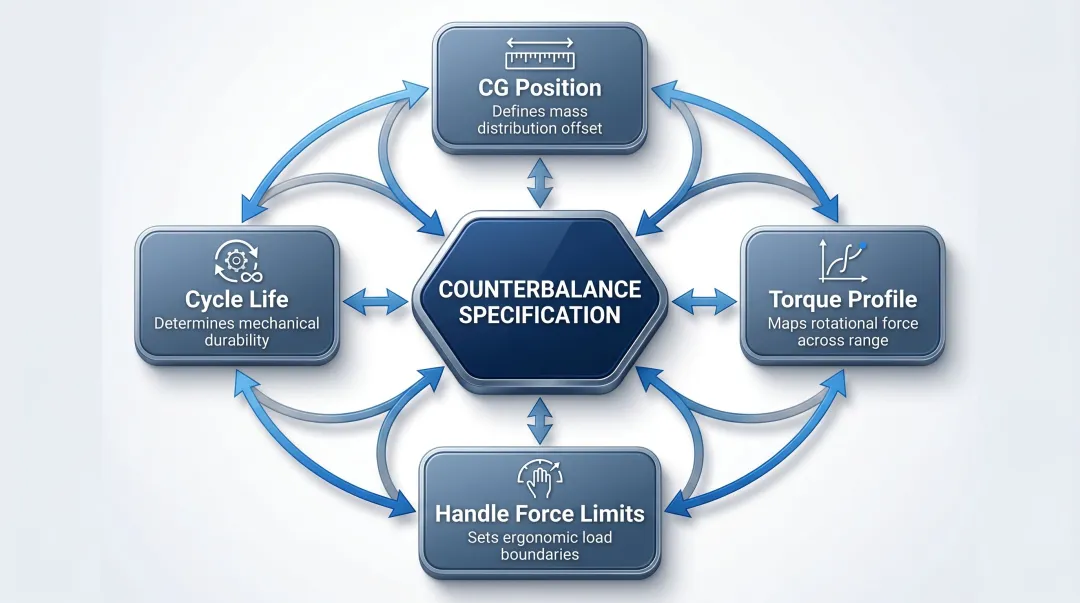 Four interdependent oven door counterbalance engineering parameters relationship diagram