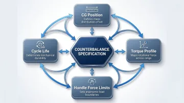 Four interdependent oven door counterbalance engineering parameters relationship diagram