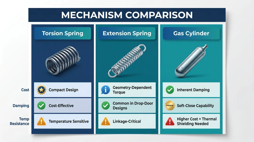Three oven door counterbalance mechanism types comparison torsion extension gas spring