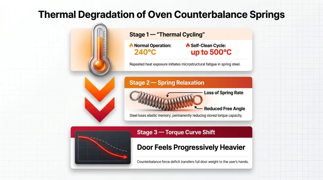 Oven self-clean thermal cycling spring degradation process and temperature ranges infographic