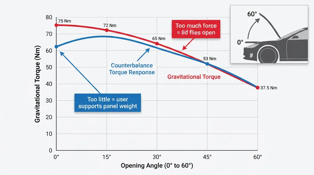Non-linear torque counterbalance curve for 12 kg EV frunk lid across 60-degree arc