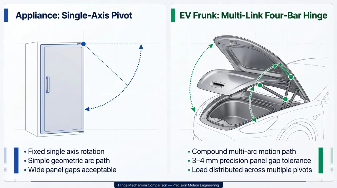 Four-bar multi-link EV frunk hinge geometry versus simple single-axis appliance pivot comparison