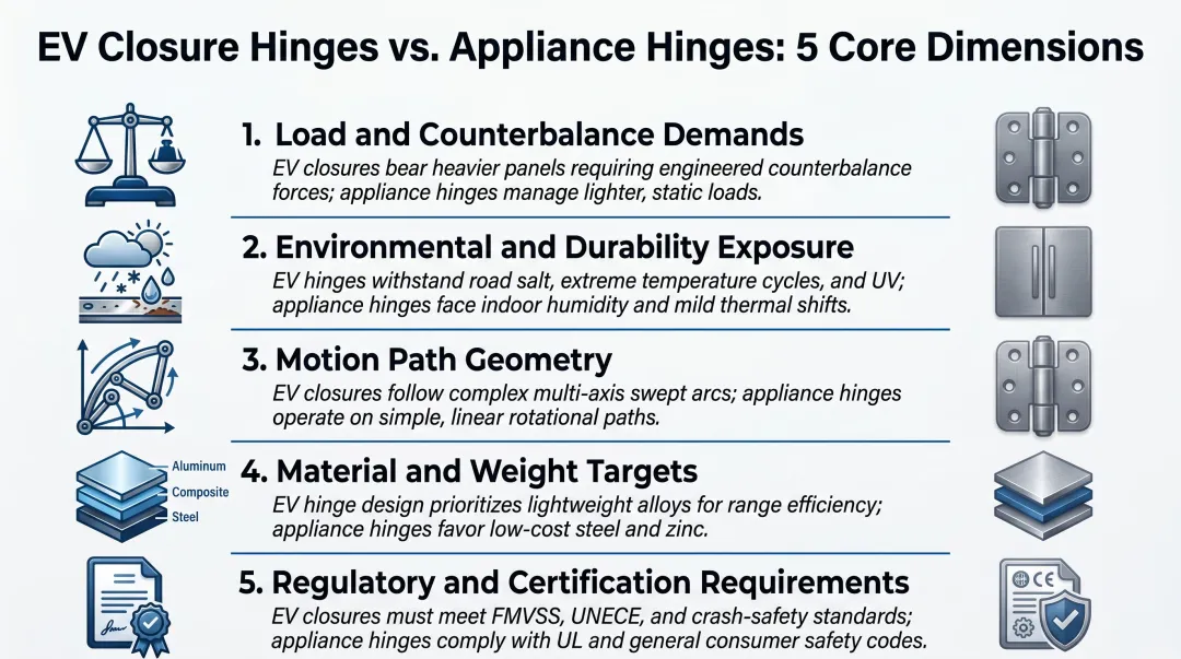 Five core engineering differences between EV closure hinges and appliance hinges