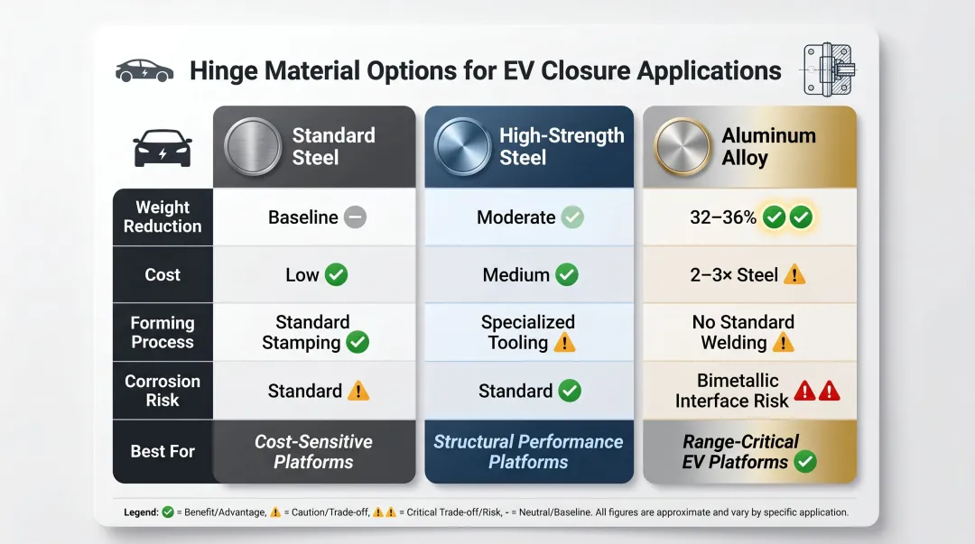 EV hinge material comparison chart steel versus aluminum high-strength steel trade-offs