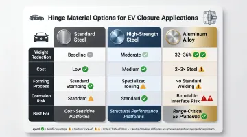 EV hinge material comparison chart steel versus aluminum high-strength steel trade-offs