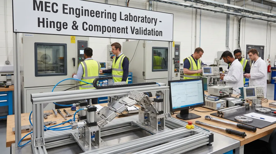 Mansfield Engineered Components in-house hinge cycle life and torque validation testing equipment