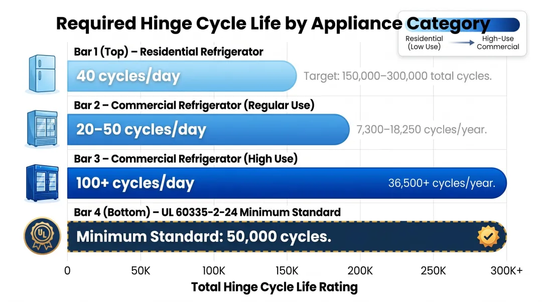 Appliance door hinge cycle life requirements comparison residential versus commercial use