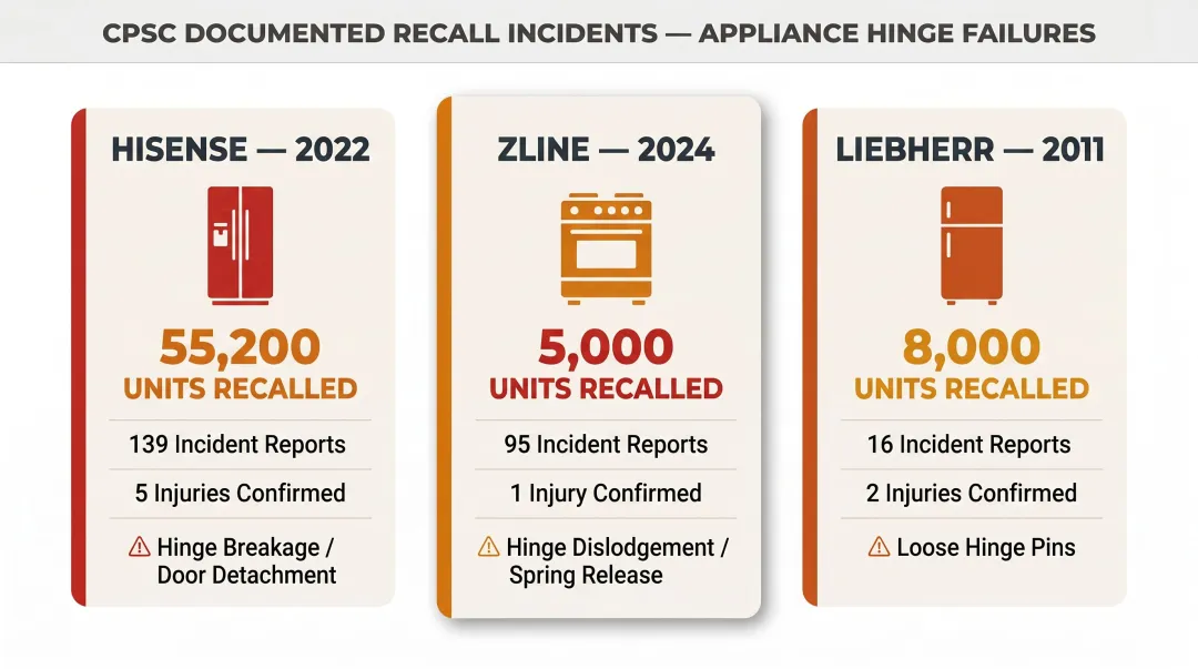 Three CPSC appliance hinge recall cases showing units affected and injuries reported