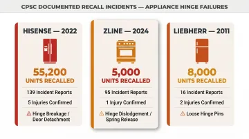 Three CPSC appliance hinge recall cases showing units affected and injuries reported