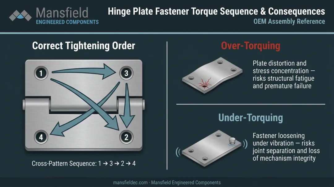 Cross-pattern fastener torque sequence diagram showing correct tightening order for hinge plates