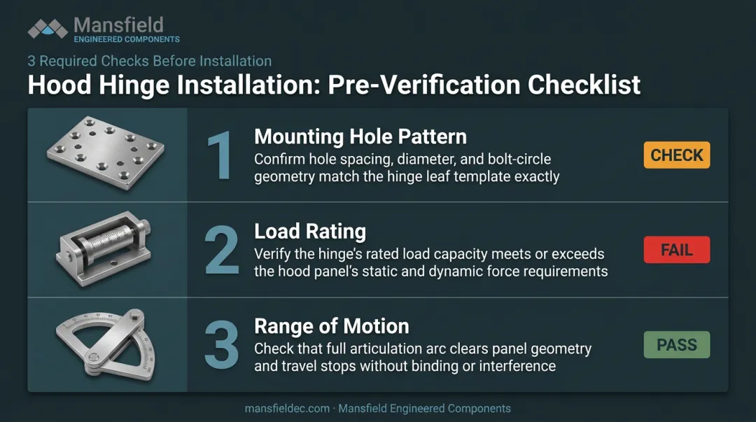 Three-point hood hinge compatibility checklist mounting pattern load rating range of motion