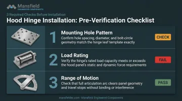 Three-point hood hinge compatibility checklist mounting pattern load rating range of motion