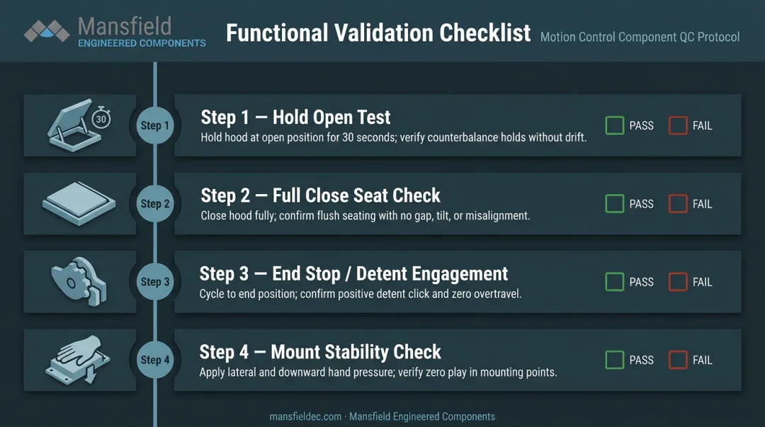 Hood hinge post-installation functional validation checklist with four pass-fail test steps