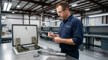 Technician documenting hood hinge installation torque values and settings on clipboard in workshop