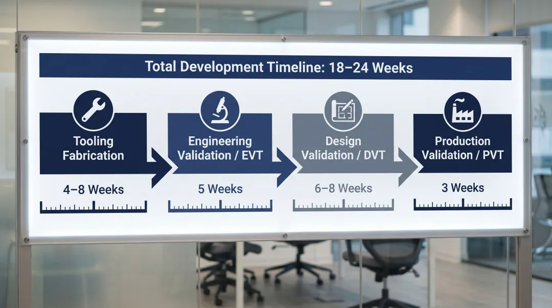 Custom appliance hinge development timeline showing four validation phases over 24 weeks
