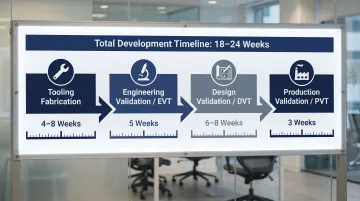 Custom appliance hinge development timeline showing four validation phases over 24 weeks