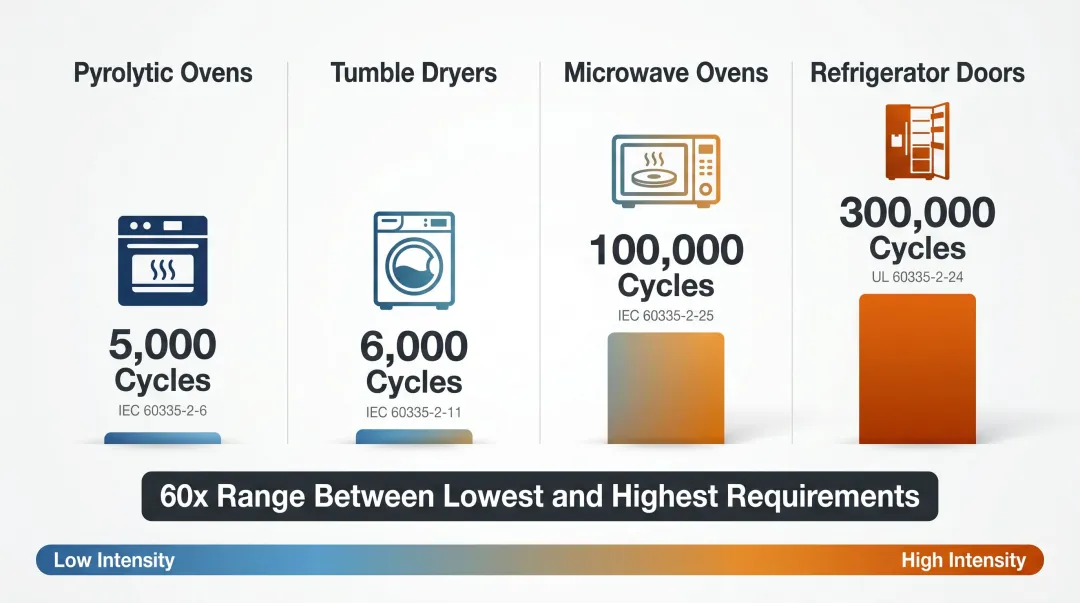 Appliance door cycle life requirements comparison chart across four IEC standards