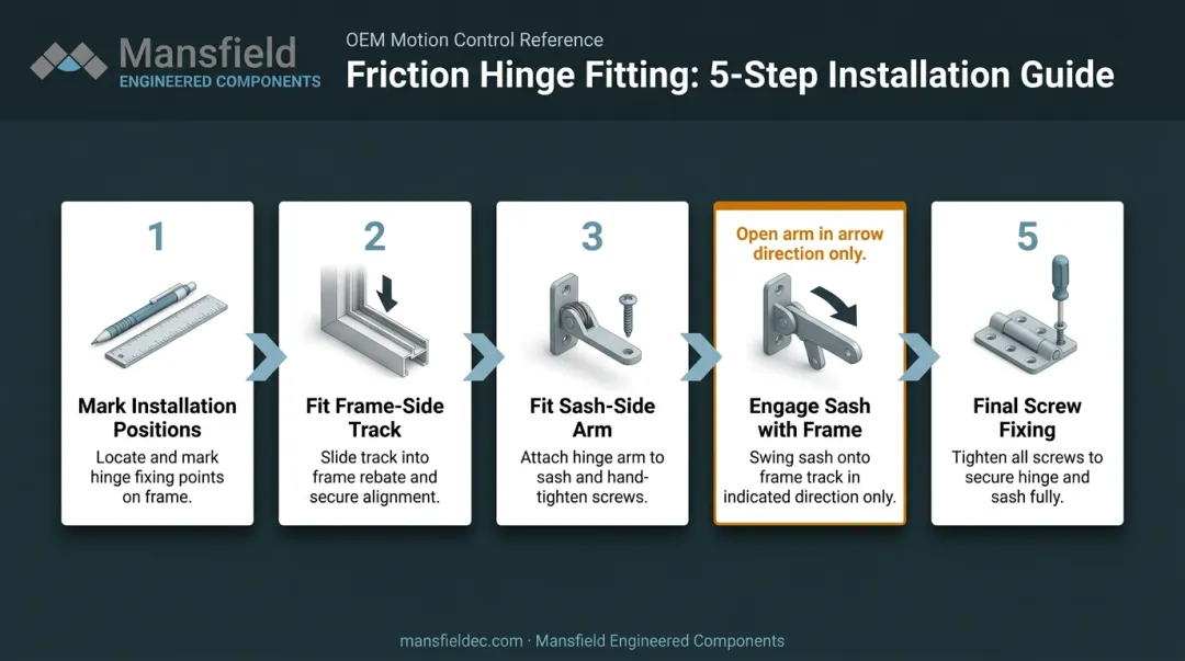 5-step friction hinge fitting process flow from marking to final engagement
