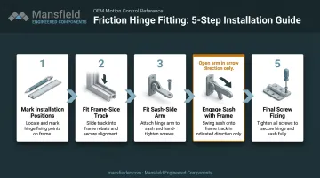 5-step friction hinge fitting process flow from marking to final engagement