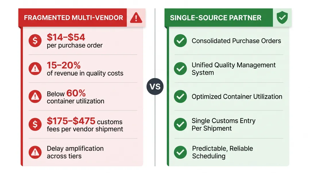 Hidden costs comparison of fragmented multi-vendor versus single-source hinge sourcing