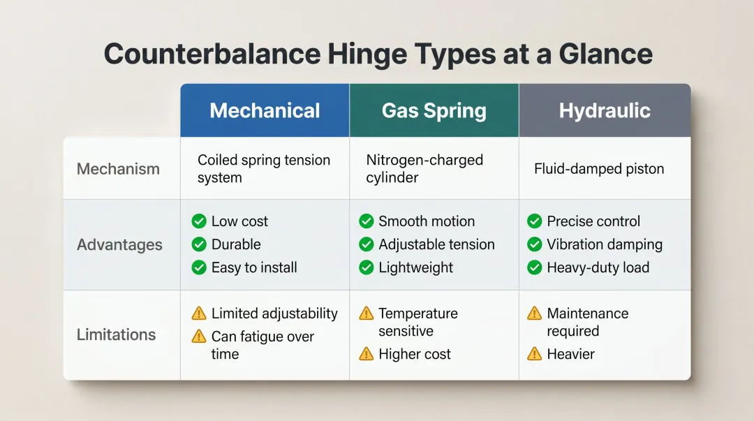 Mechanical versus gas spring versus hydraulic counterbalance hinge comparison chart