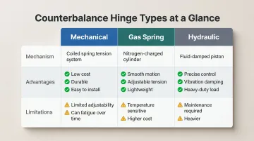 Mechanical versus gas spring versus hydraulic counterbalance hinge comparison chart