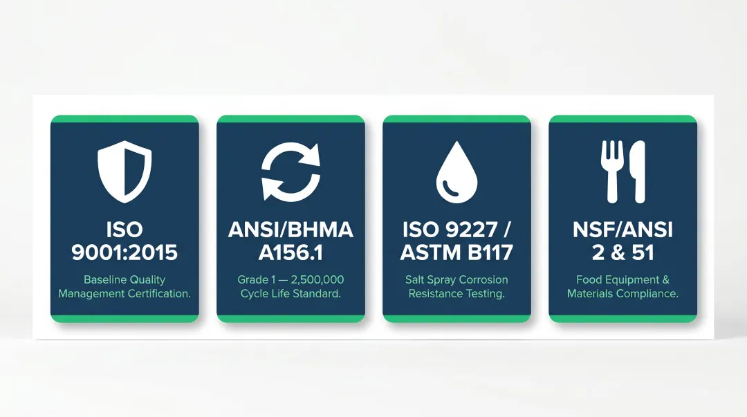 Hinge quality certification standards comparison by application ISO ANSI NSF requirements