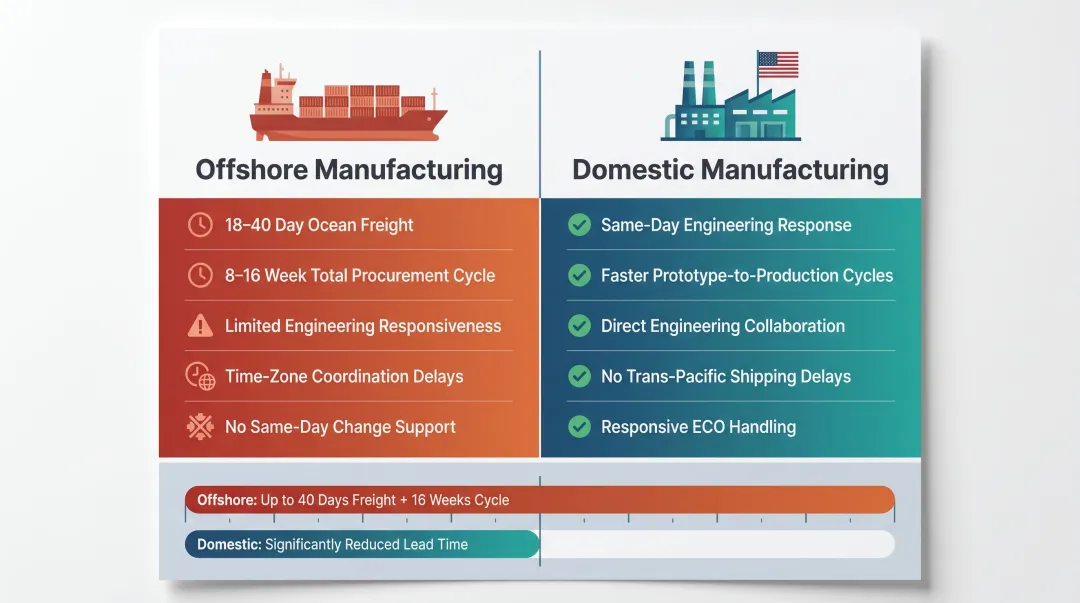 Domestic versus offshore hinge manufacturer lead time and support comparison infographic