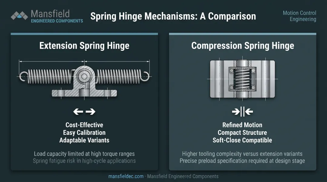 Extension spring versus compression spring oven hinge side-by-side mechanical comparison