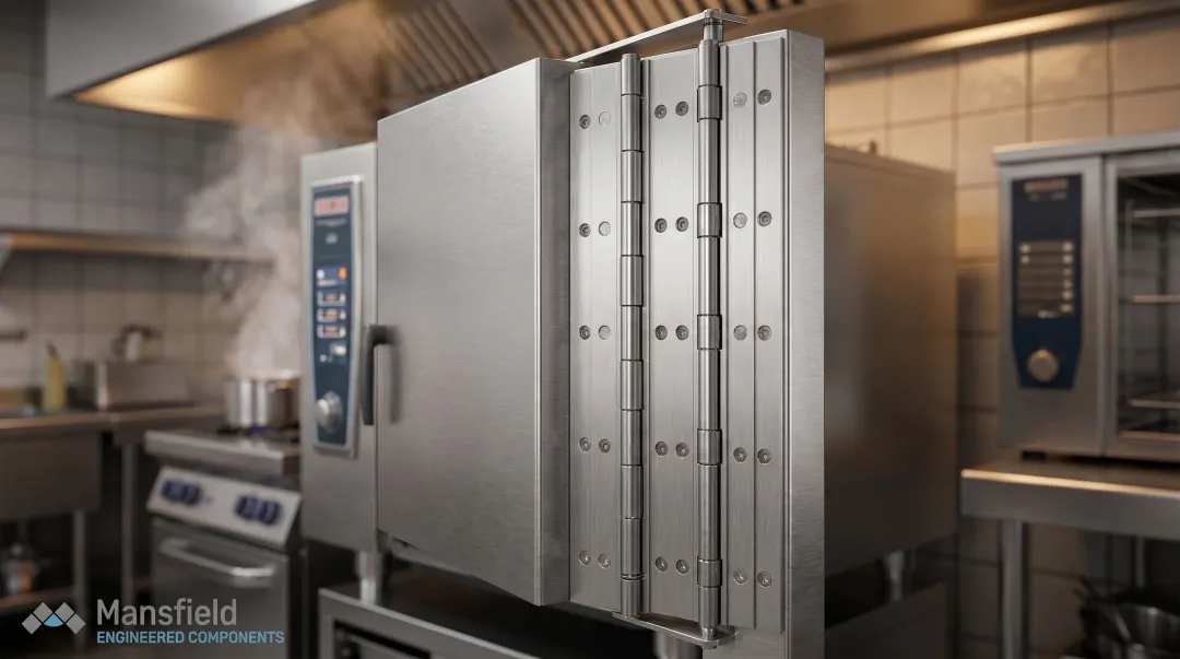Heavy-duty continuous piano hinge on large commercial oven door installation