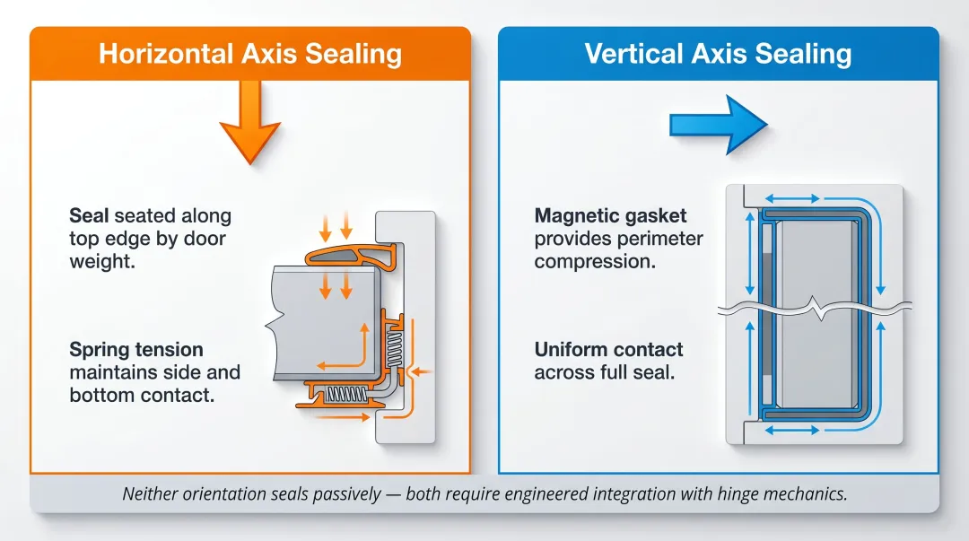 Horizontal versus vertical axis door seal compression mechanism side-by-side comparison infographic