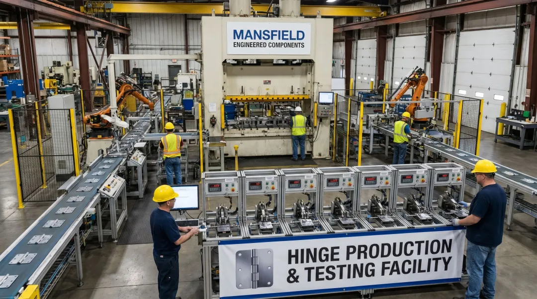 Mansfield Engineered Components hinge assembly line showing progressive die stamping and cycle testing