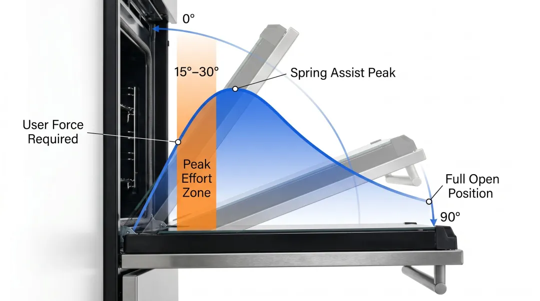 Appliance hinge torque profile showing asymmetric counterbalance assist across opening arc